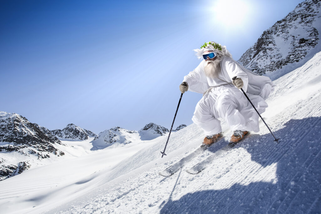 Zeus beim Skifahren am Dach Tirols